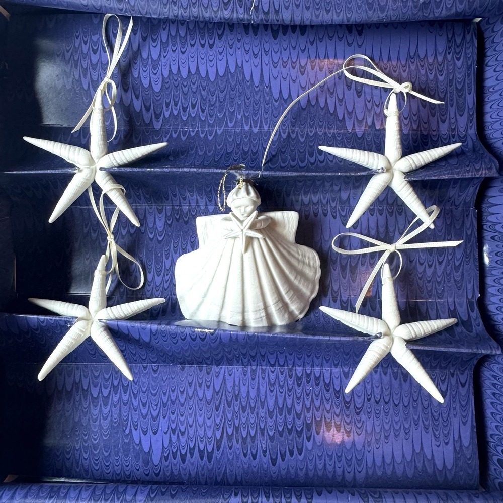 Margaret Furlong Starry Night Ornament Set Starfish Seashells White Angel